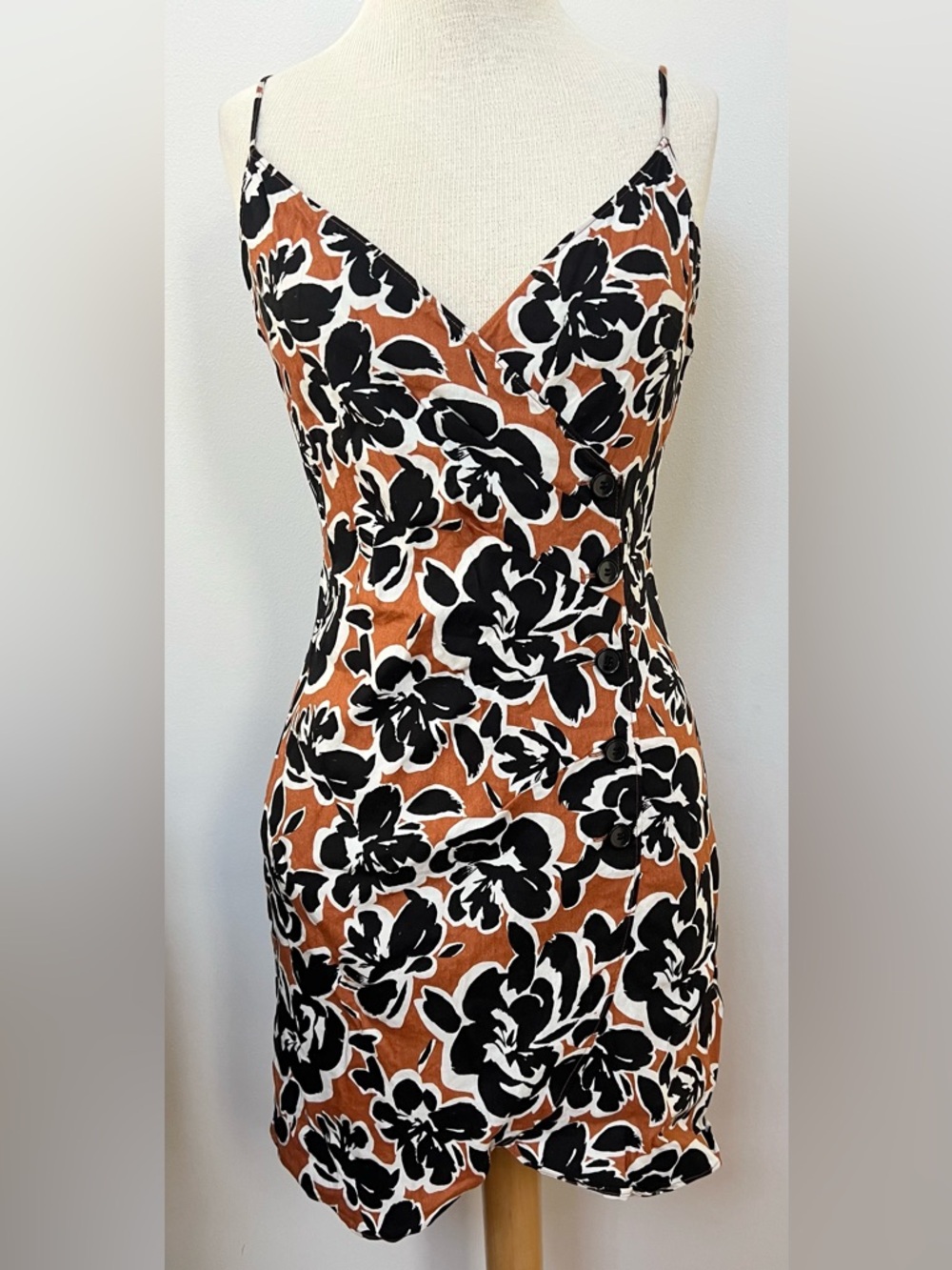 Leith Floral Slip Dress Wrap Linen Button Front Midi Tan Black Sz M NWT Y2K